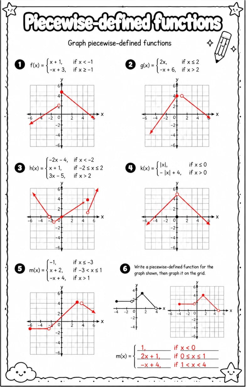 Answer key for Graph piecewise-defined functions — free printable Math worksheet