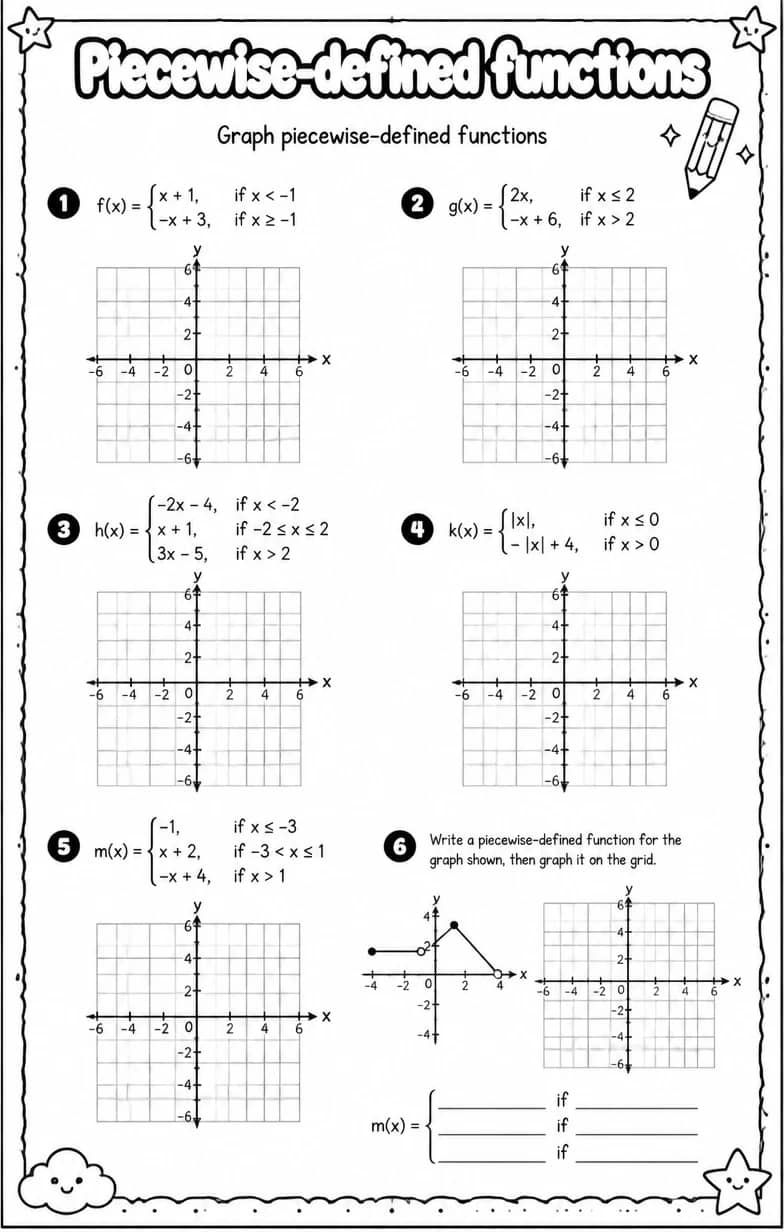 Graph piecewise-defined functions — free printable Algebra 1 math worksheet