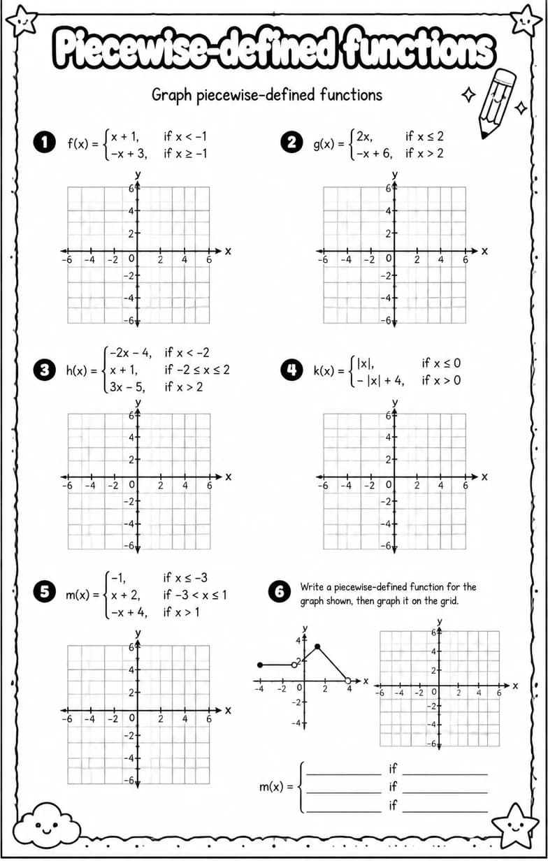 Graph piecewise-defined functions — free printable Algebra 1 math worksheet