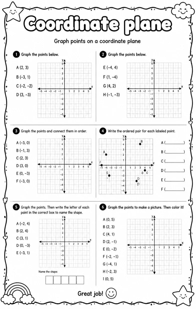 Graph points on a coordinate plane — free printable Grade 5 Math worksheet