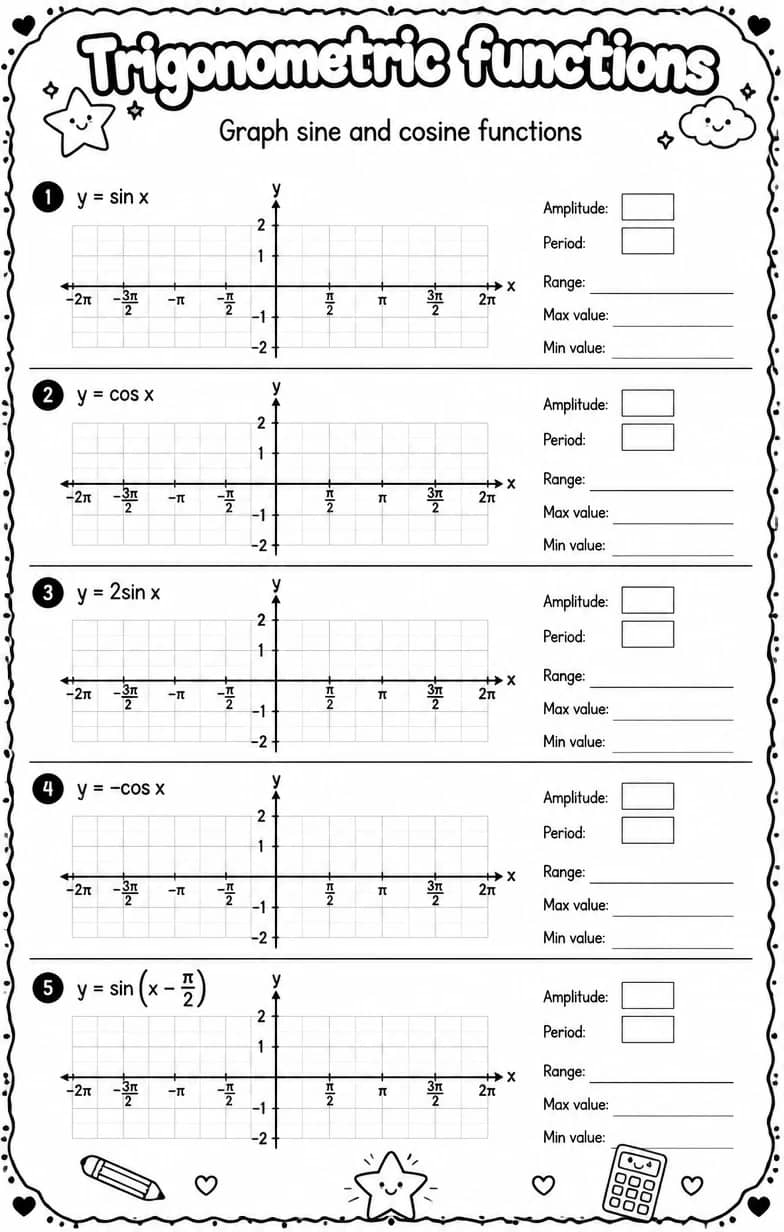 Graph sine and cosine functions — free printable Algebra 2 math worksheet