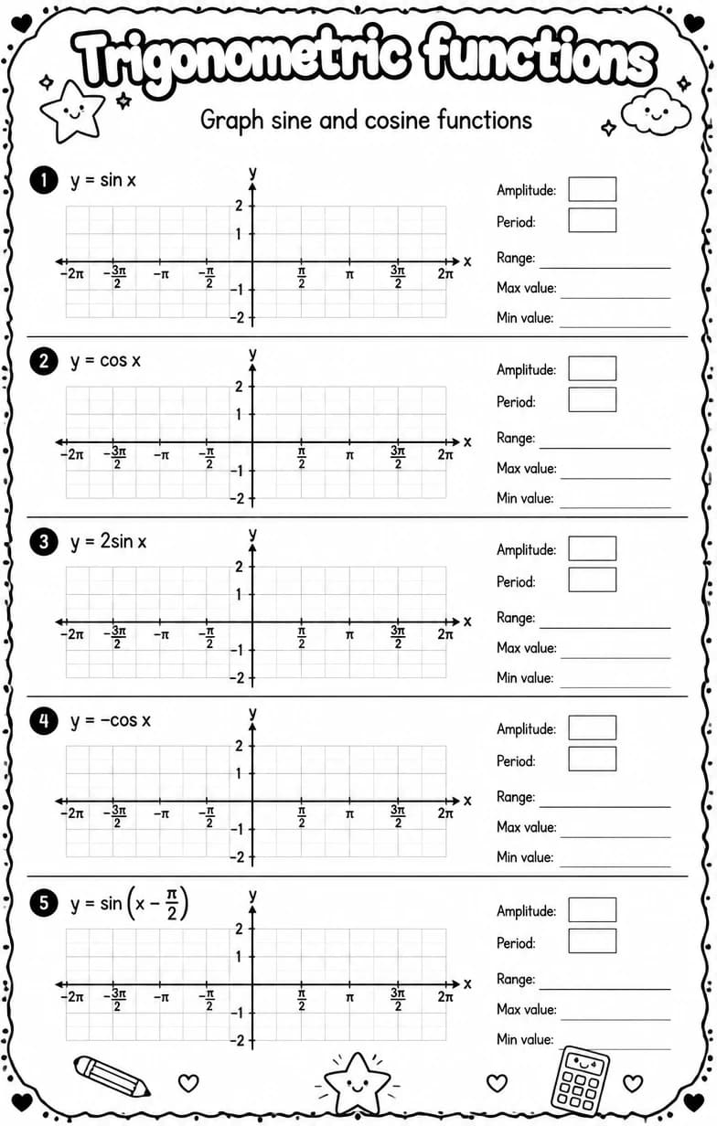 Graph sine and cosine functions — free printable Algebra 2 math worksheet