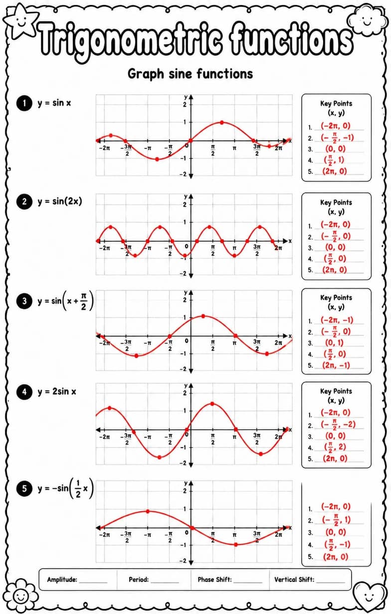 Answer key for Graph sine functions — free printable Math worksheet