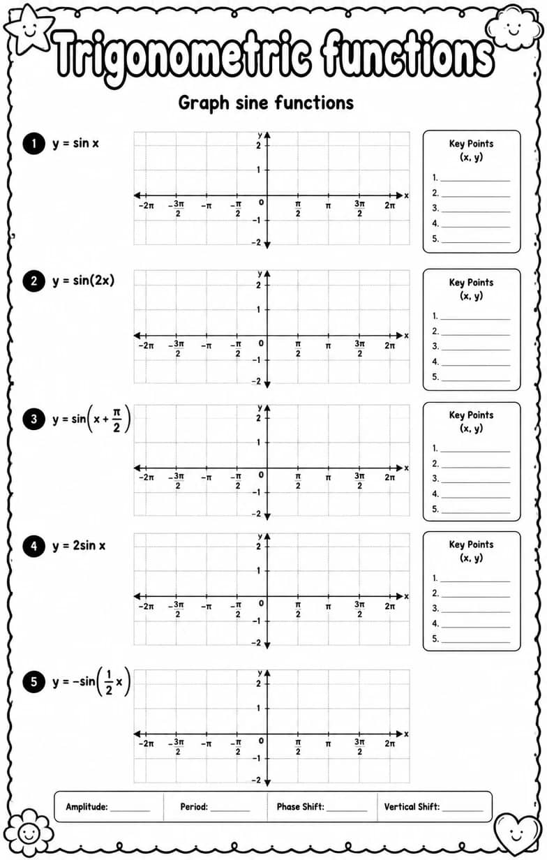 Graph sine functions — free printable Algebra 2 math worksheet