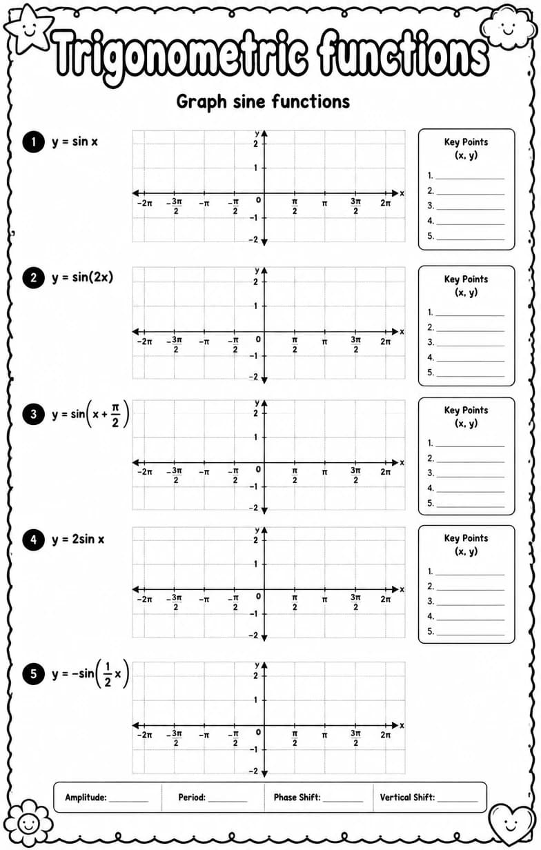 Graph sine functions — free printable High School Math worksheet