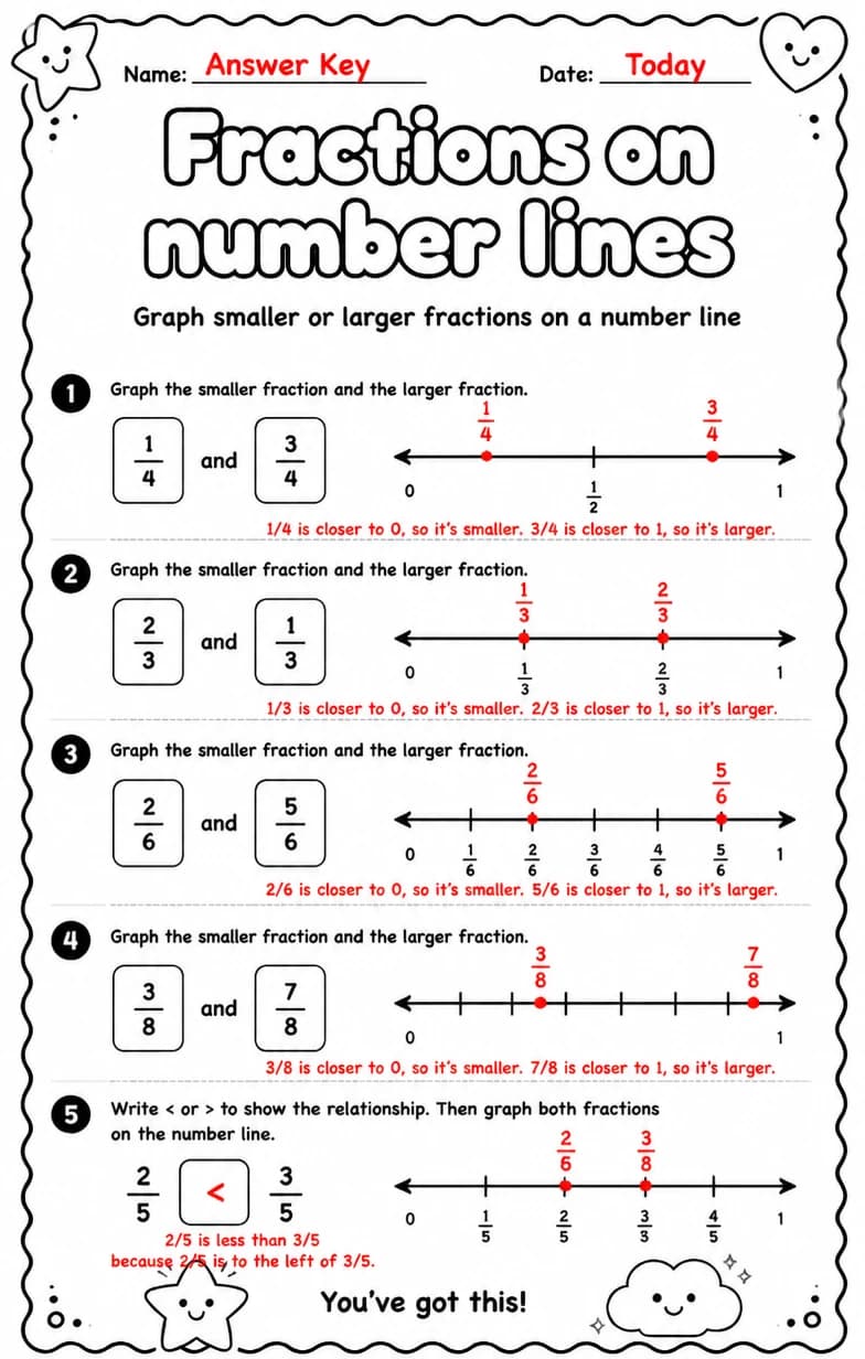 Answer key for Graph smaller or larger fractions on a number line — free printable Math worksheet