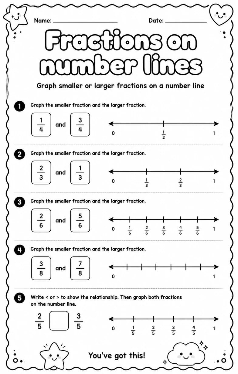 Graph smaller or larger fractions on a number line — free printable Grade 3 Math worksheet