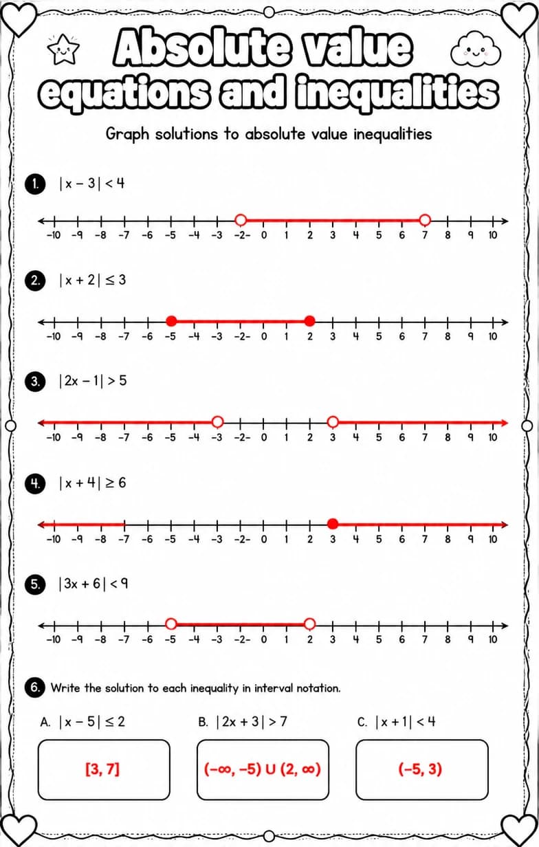Answer key for Graph solutions to absolute value inequalities — free printable Math worksheet