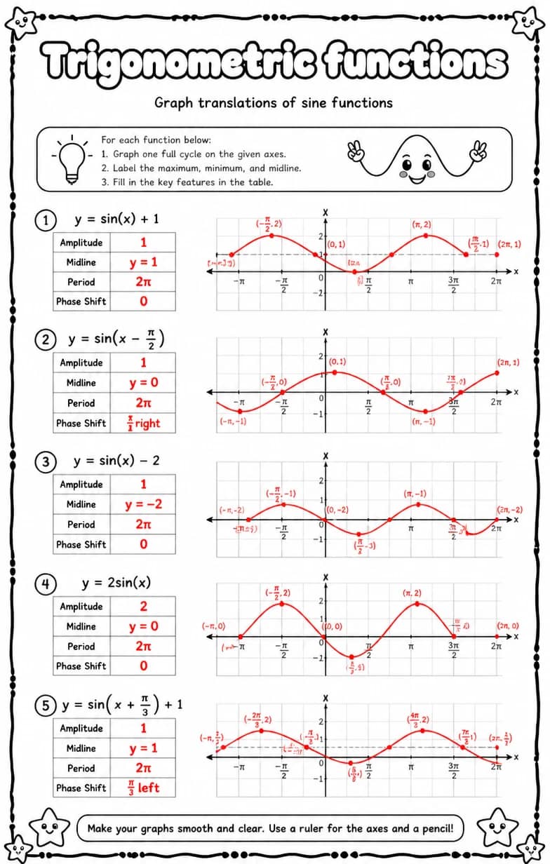 Answer key for Graph translations of sine functions — free printable Math worksheet