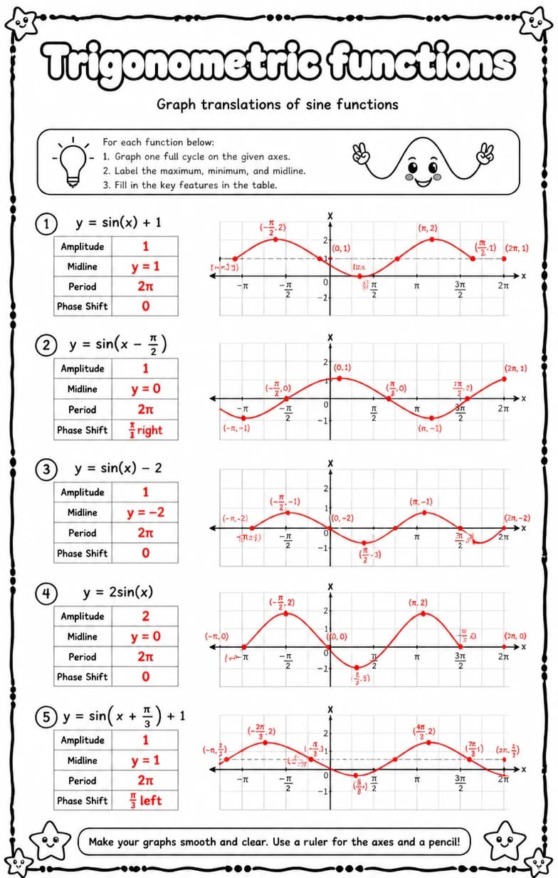 Answer key for Graph translations of sine functions — free printable Math worksheet