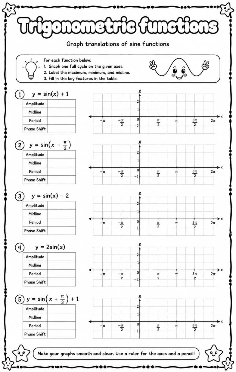 Graph translations of sine functions — free printable Algebra 2 math worksheet
