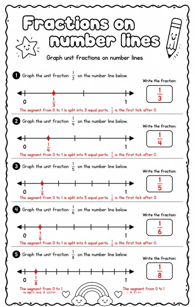 Answer key for Graph unit fractions on number lines — free printable Math worksheet