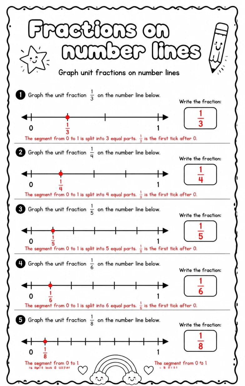 Answer key for Graph unit fractions on number lines — free printable Math worksheet