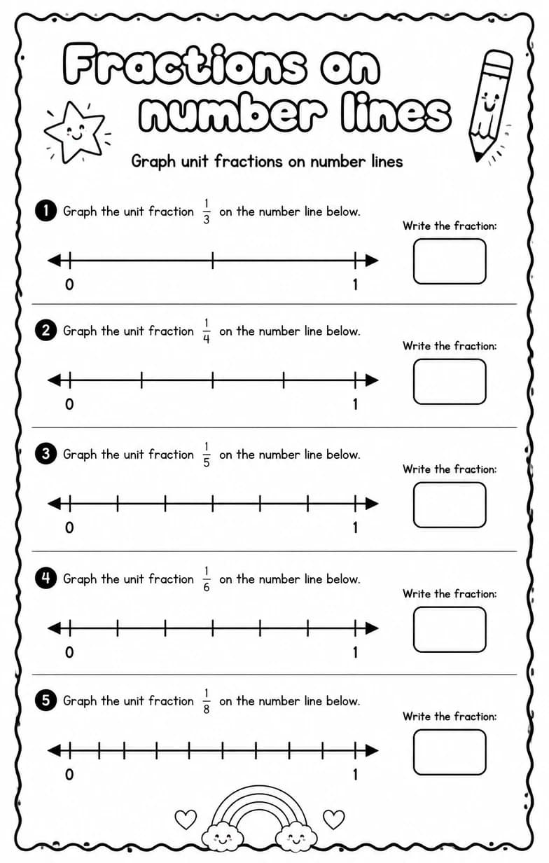Graph unit fractions on number lines — free printable Grade 3 math worksheet
