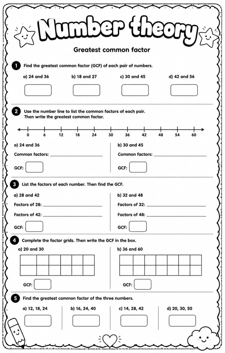 Greatest common factor — free printable Grade 7 math worksheet