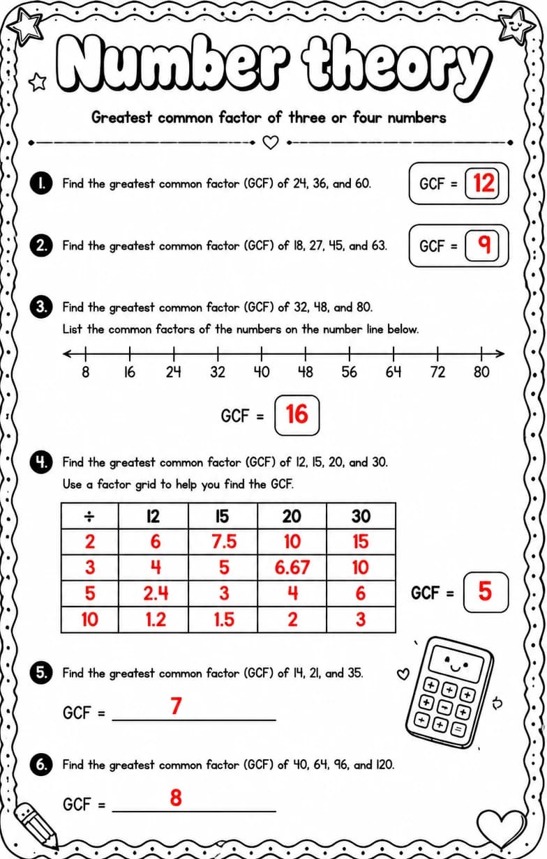 Answer key for Greatest common factor of three or four numbers — free printable Math worksheet
