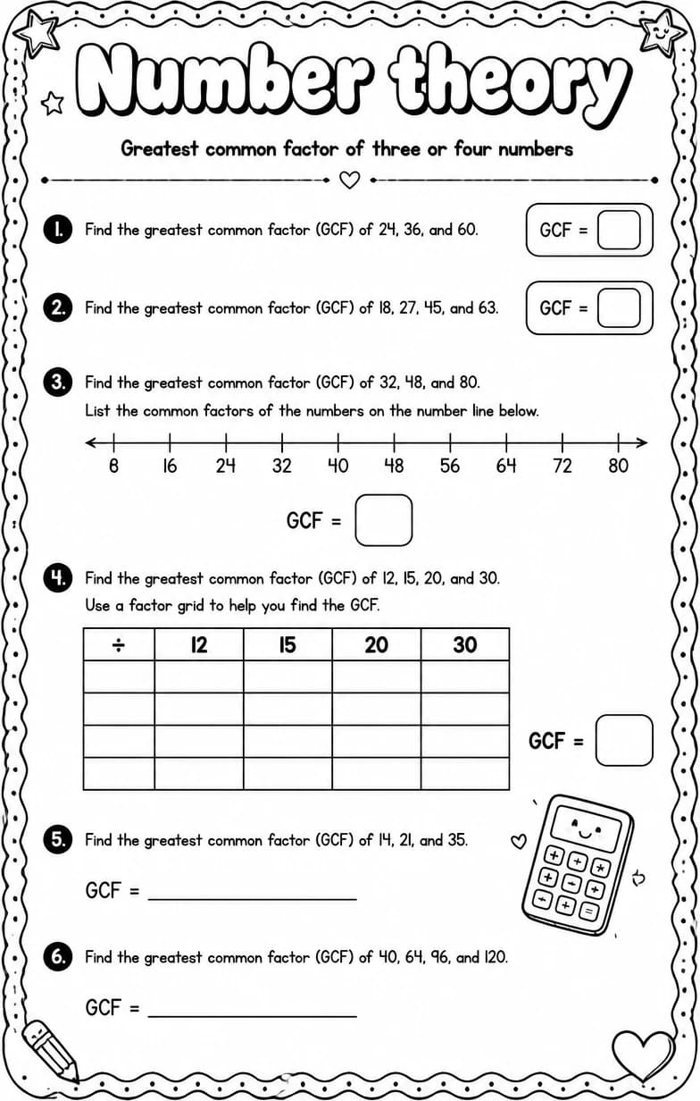 Greatest common factor of three or four numbers — free printable Grade 6 math worksheet