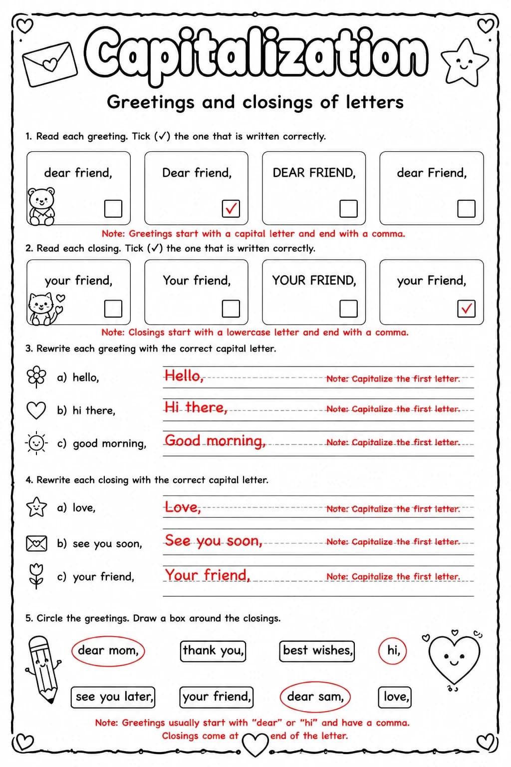 Answer key for Greetings and closings of letters — free printable English & Reading worksheet