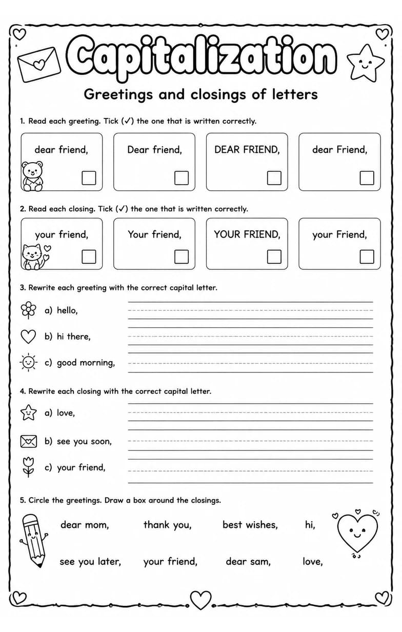 Greetings and closings of letters — free printable Grade 2 English & Reading worksheet