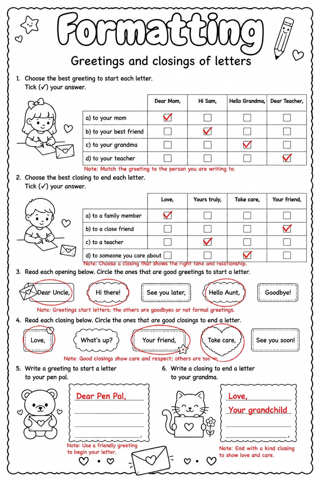 Answer key for Greetings and closings of letters — free printable English & Reading worksheet
