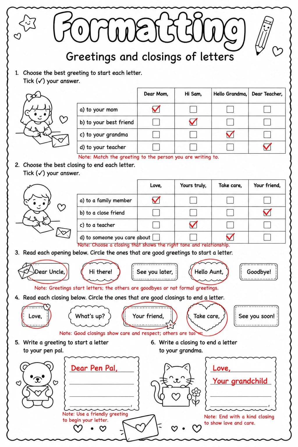 Answer key for Greetings and closings of letters — free printable English & Reading worksheet