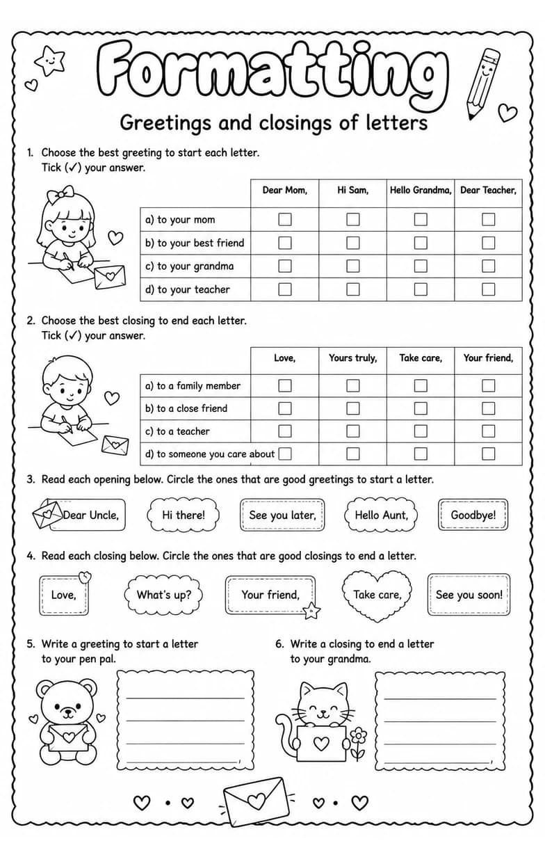Greetings and closings of letters — free printable Grade 3 English & Reading worksheet