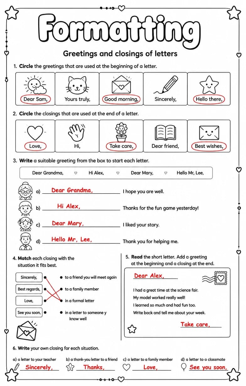 Answer key for Greetings and closings of letters — free printable English & Reading worksheet