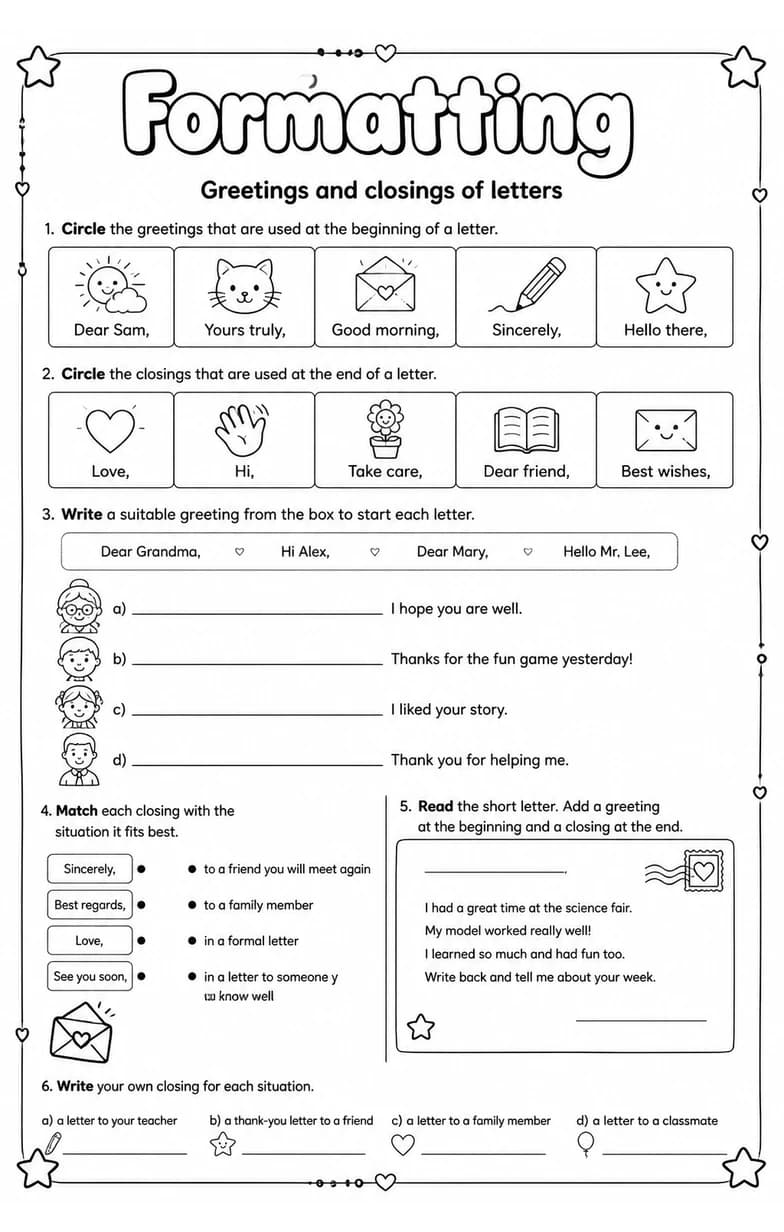 Greetings and closings of letters — free printable Grammar and mechanics English worksheet