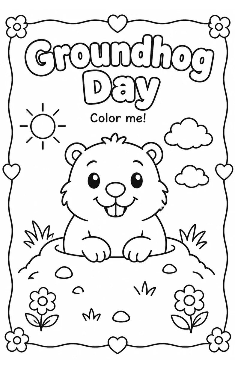 Groundhog Day Coloring Pages — free printable Kindergarten Art worksheet