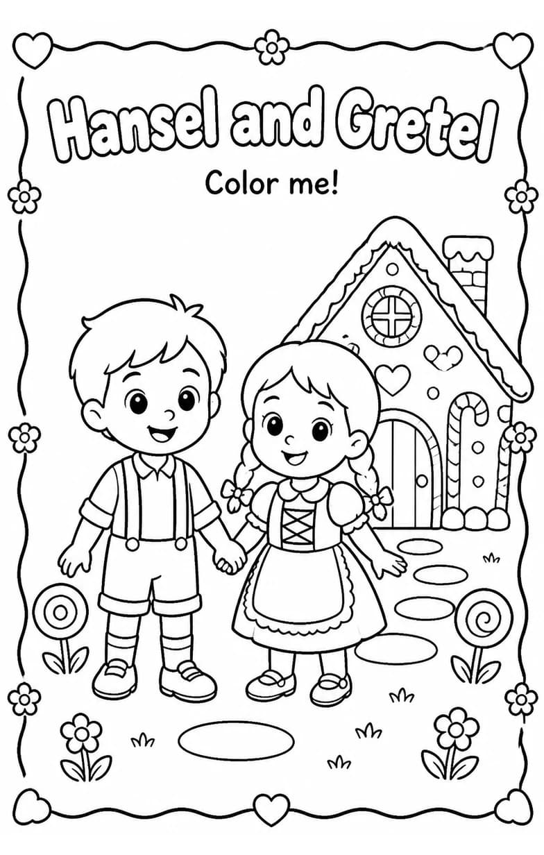 Hansel and Gretel Coloring Pages — free printable Kindergarten Art worksheet