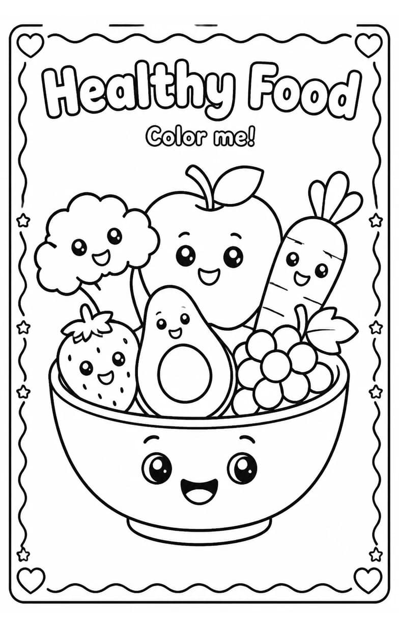 Healthy Food Coloring Pages — free printable Kindergarten Art worksheet