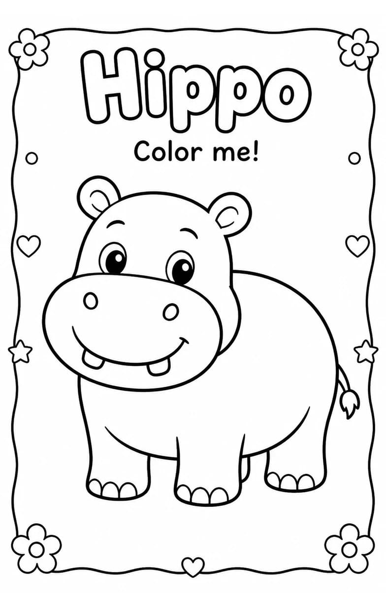 Hippo Coloring Pages — free printable Kindergarten Art worksheet