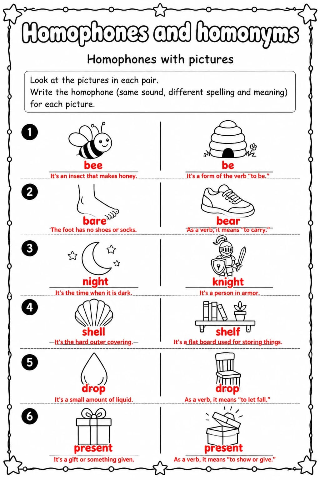Answer key for Homophones with pictures — free printable English & Reading worksheet