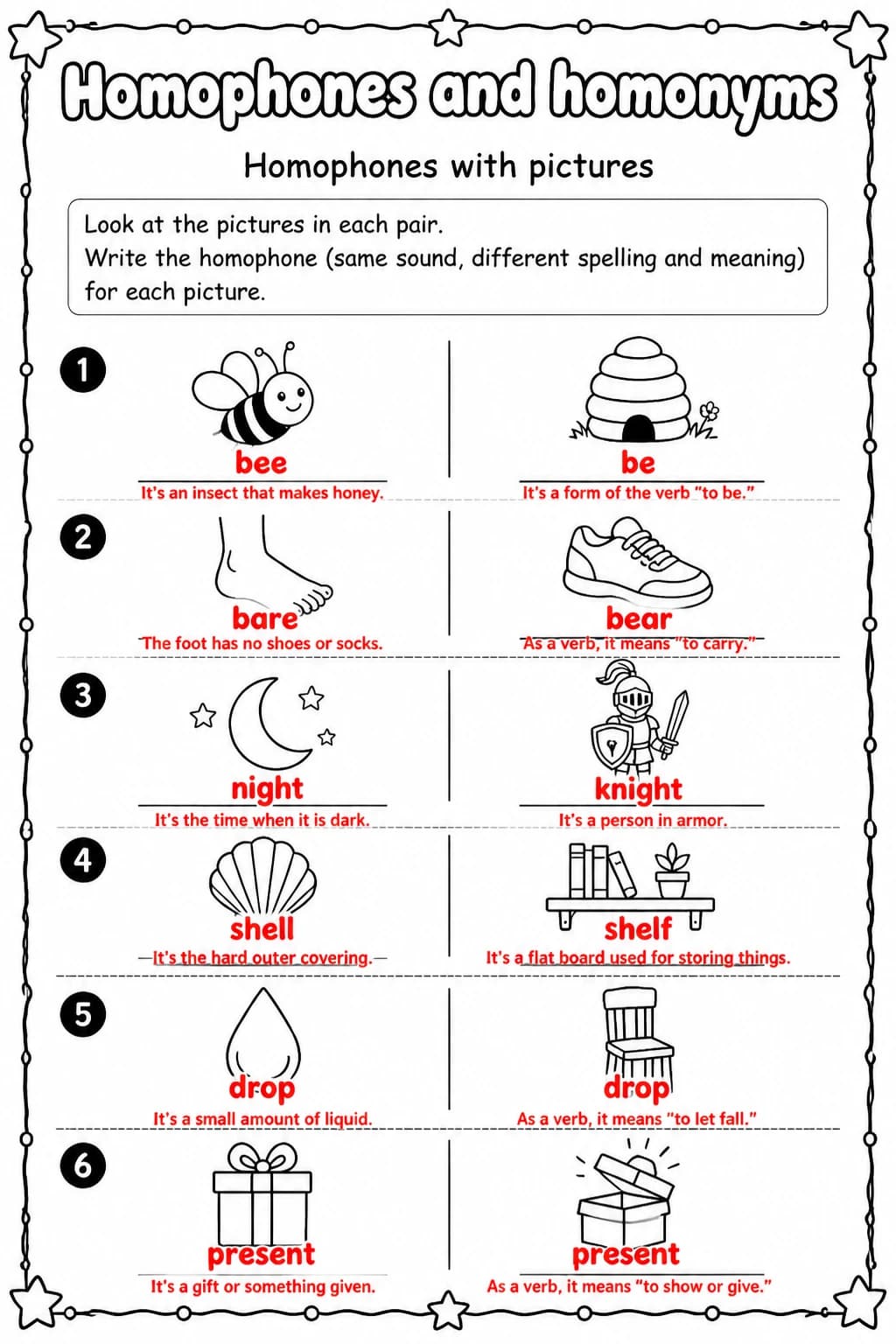 Answer key for Homophones with pictures — free printable English & Reading worksheet