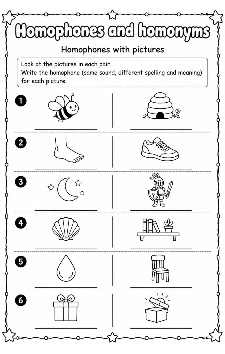 Homophones with pictures — free printable Vocabulary English worksheet