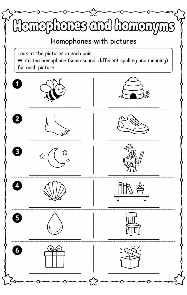 Homophones with pictures — free printable Vocabulary English worksheet