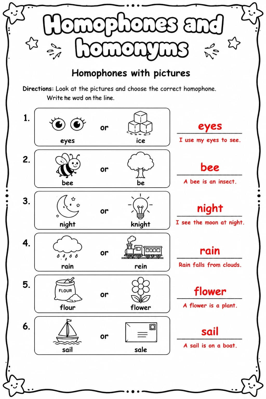 Answer key for Homophones with pictures — free printable English & Reading worksheet