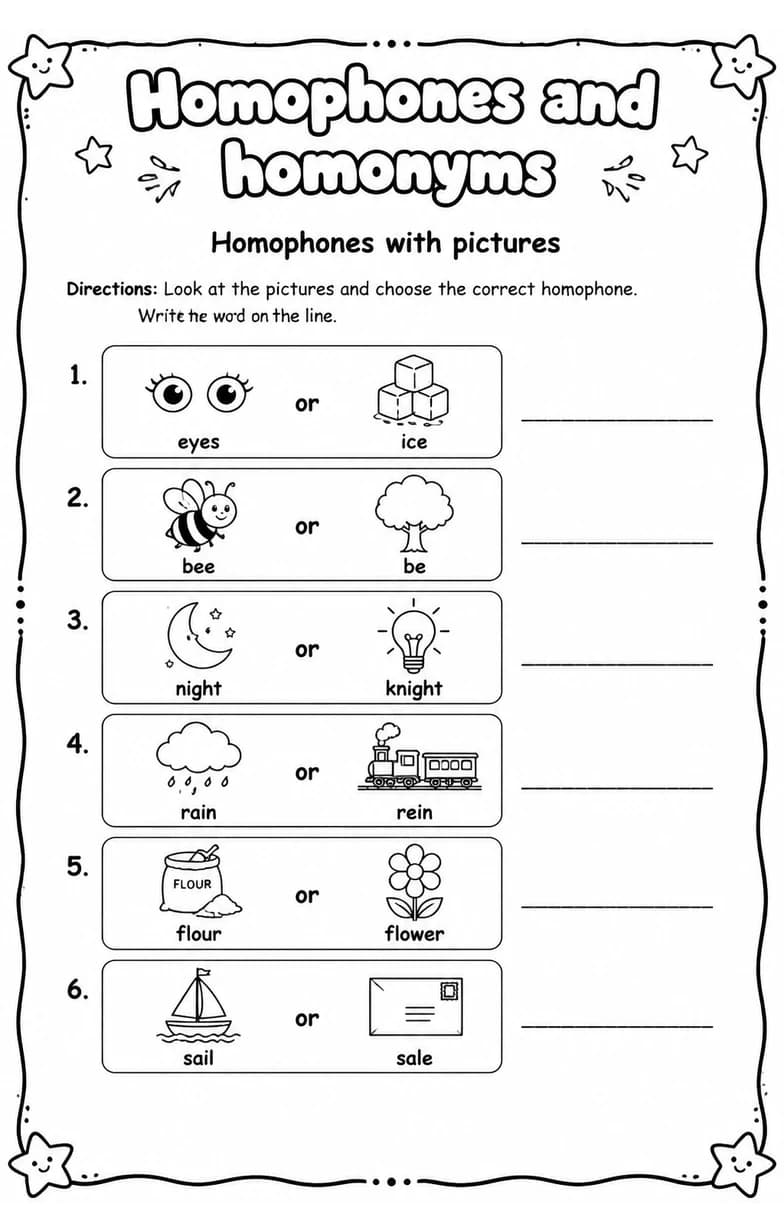Homophones with pictures — free printable Grade 3 English & Reading worksheet