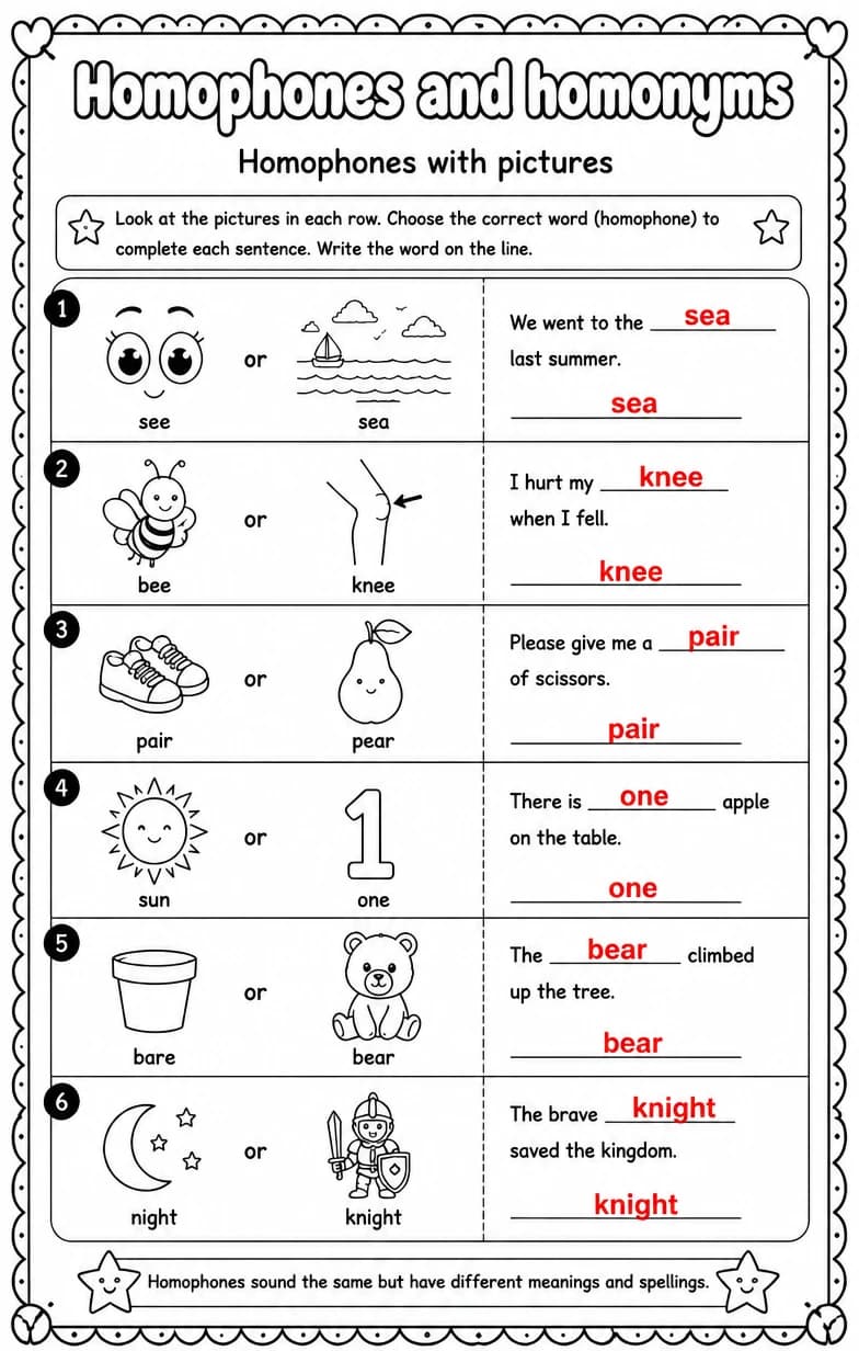 Answer key for Homophones with pictures — free printable English & Reading worksheet