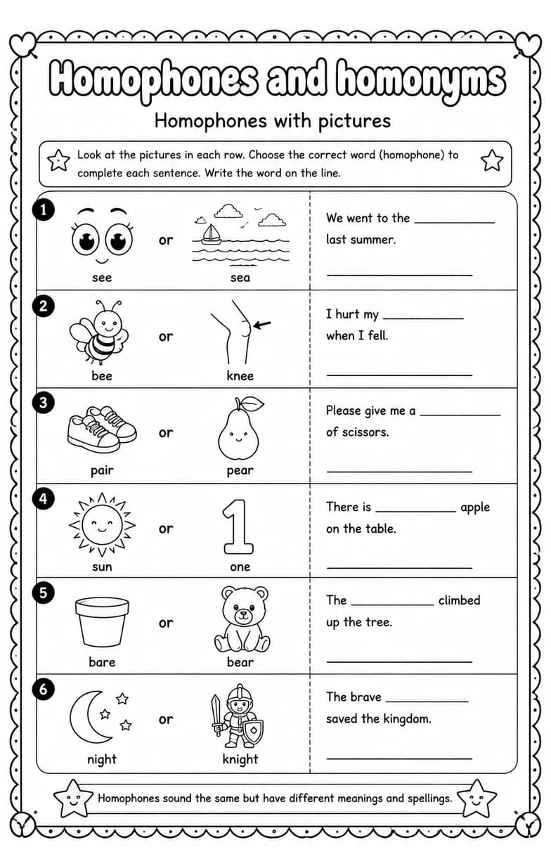 Homophones with pictures — free printable Vocabulary English worksheet