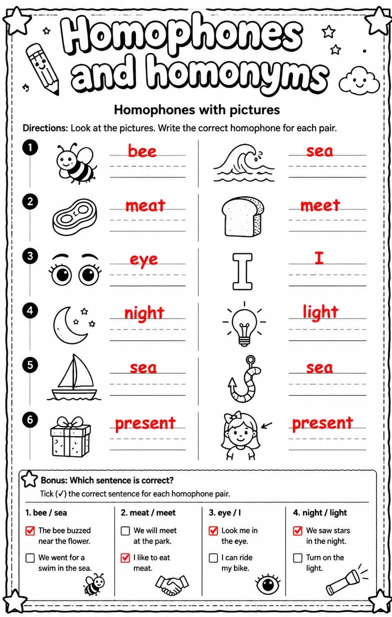 Answer key for Homophones with pictures — free printable English & Reading worksheet