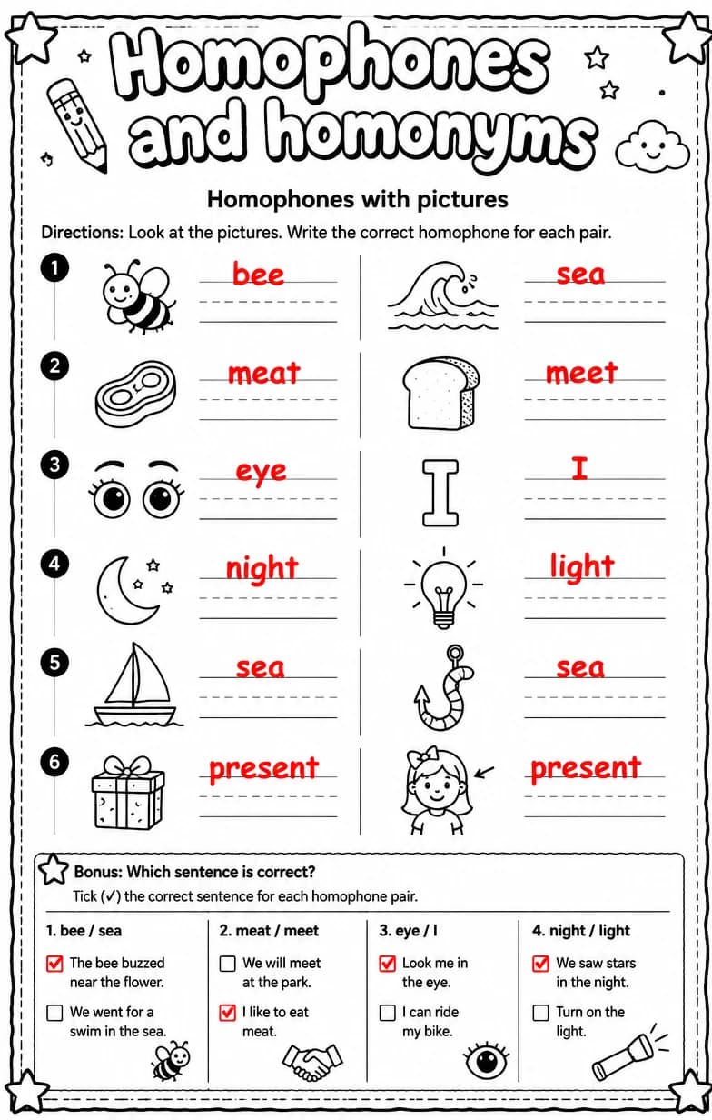 Answer key for Homophones with pictures — free printable English & Reading worksheet