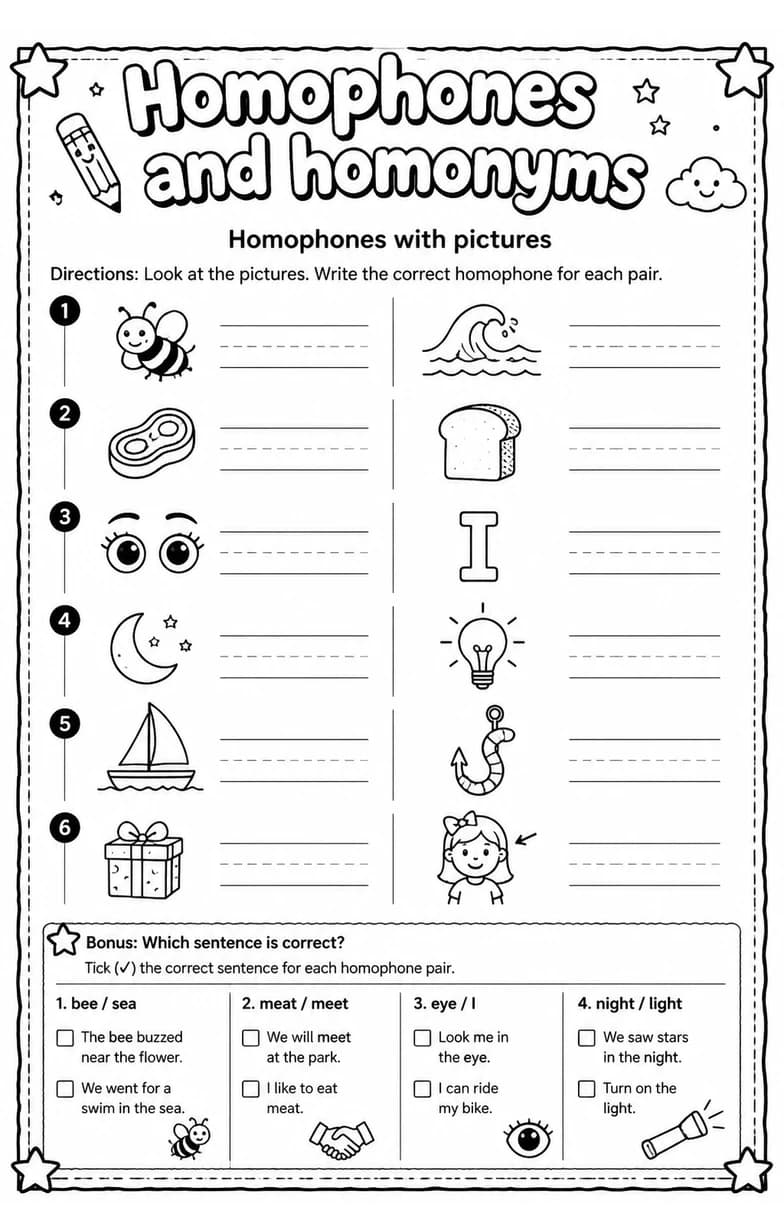 Homophones with pictures — free printable Grade 5 English & Reading worksheet