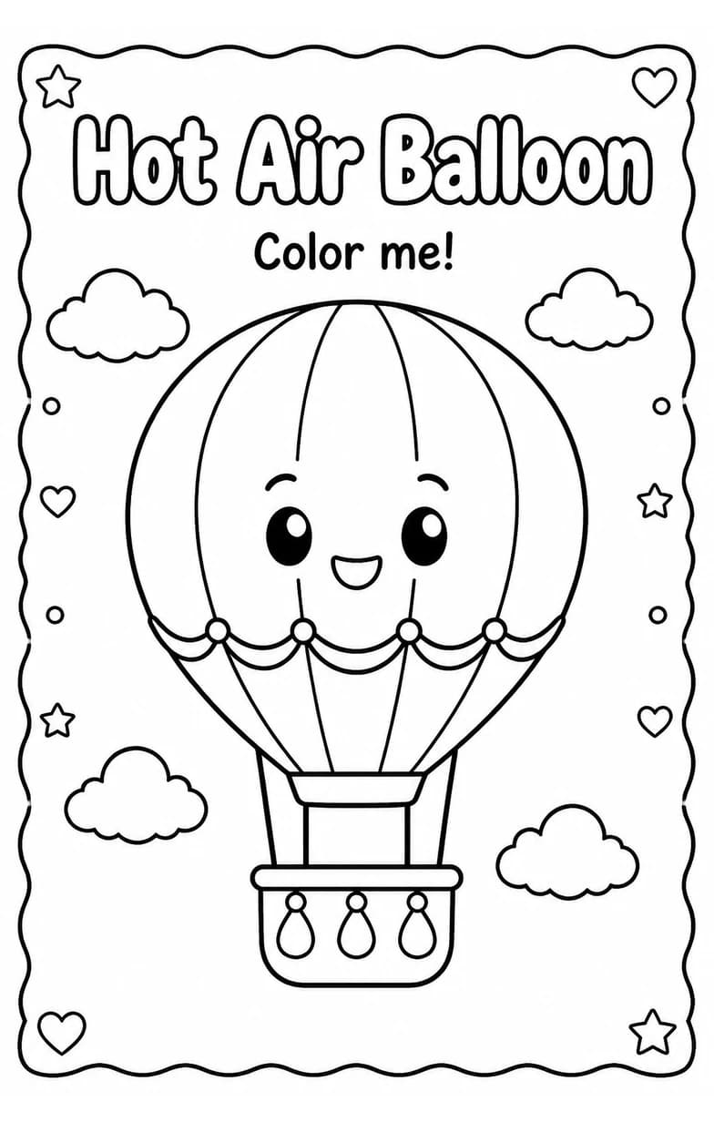 Hot Air Balloon Coloring Pages — free printable Kindergarten Art worksheet