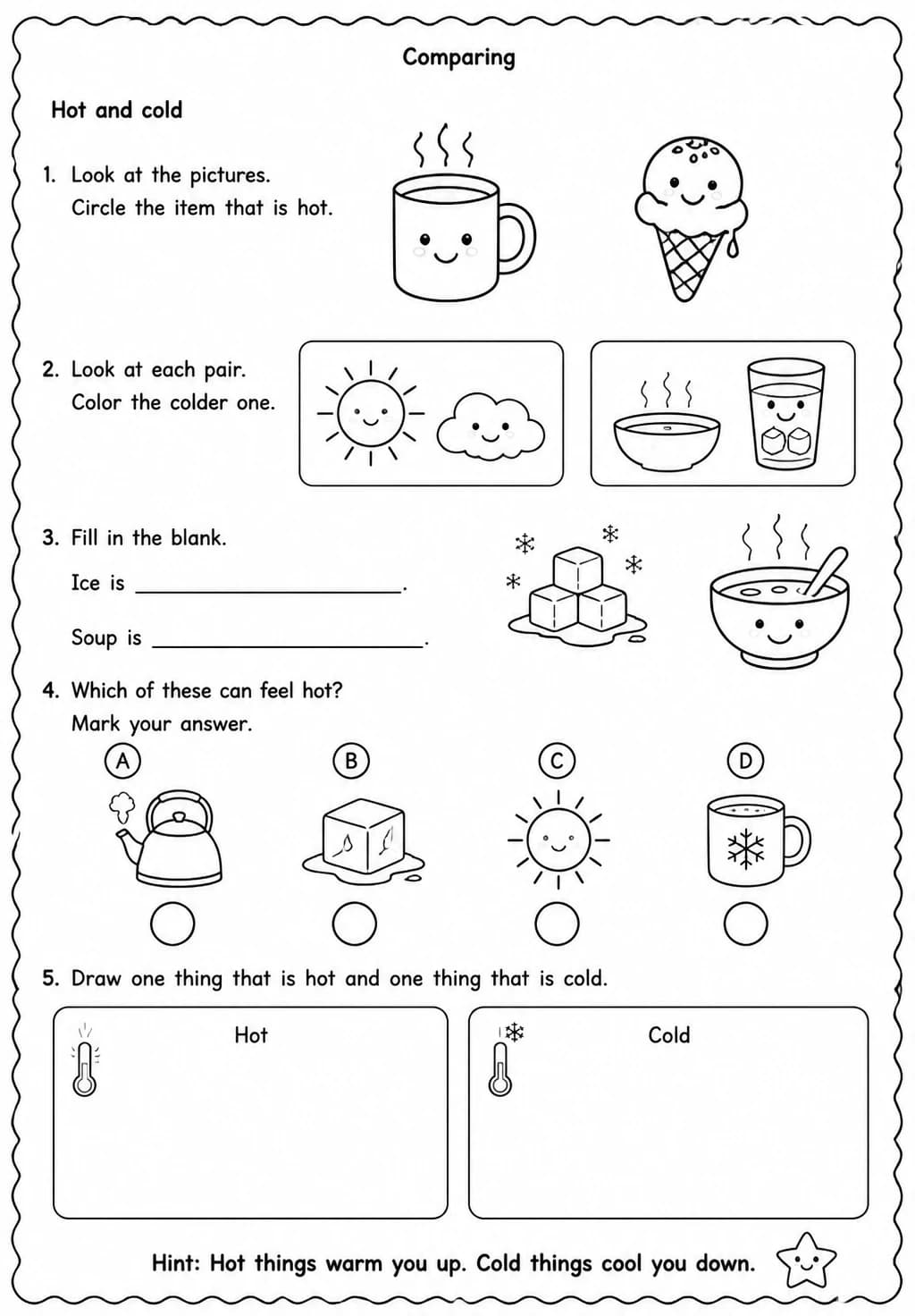Hot and cold — free printable Kindergarten Science worksheet