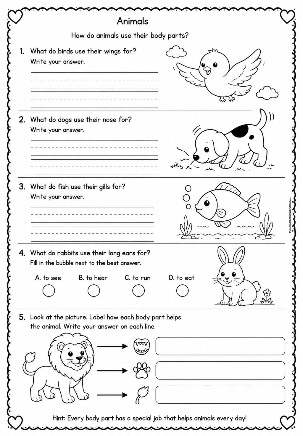 How do animals use their body parts? — free printable Kindergarten Science worksheet