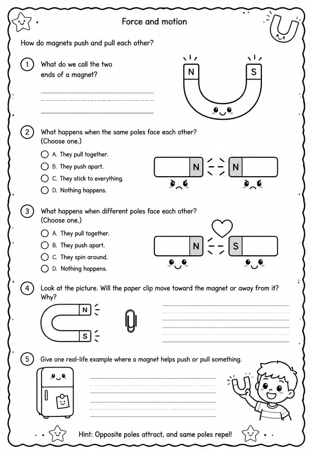 How do magnets push and pull each other? — free printable Kindergarten Science worksheet