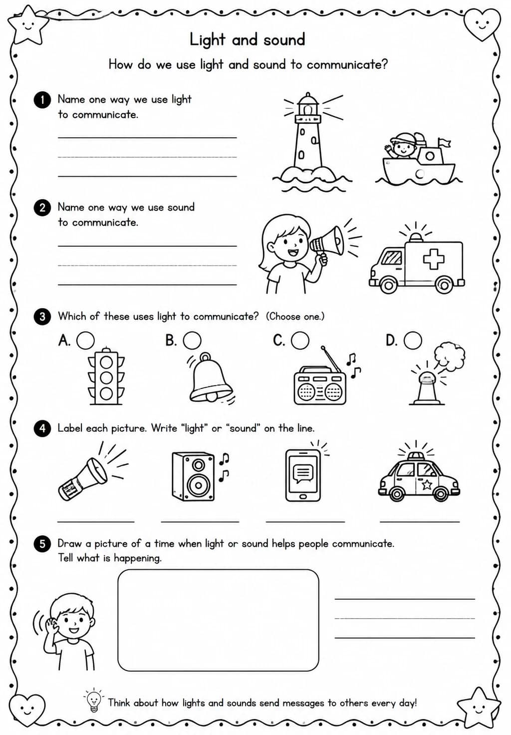 How do we use light and sound to communicate? — free printable Kindergarten Science worksheet