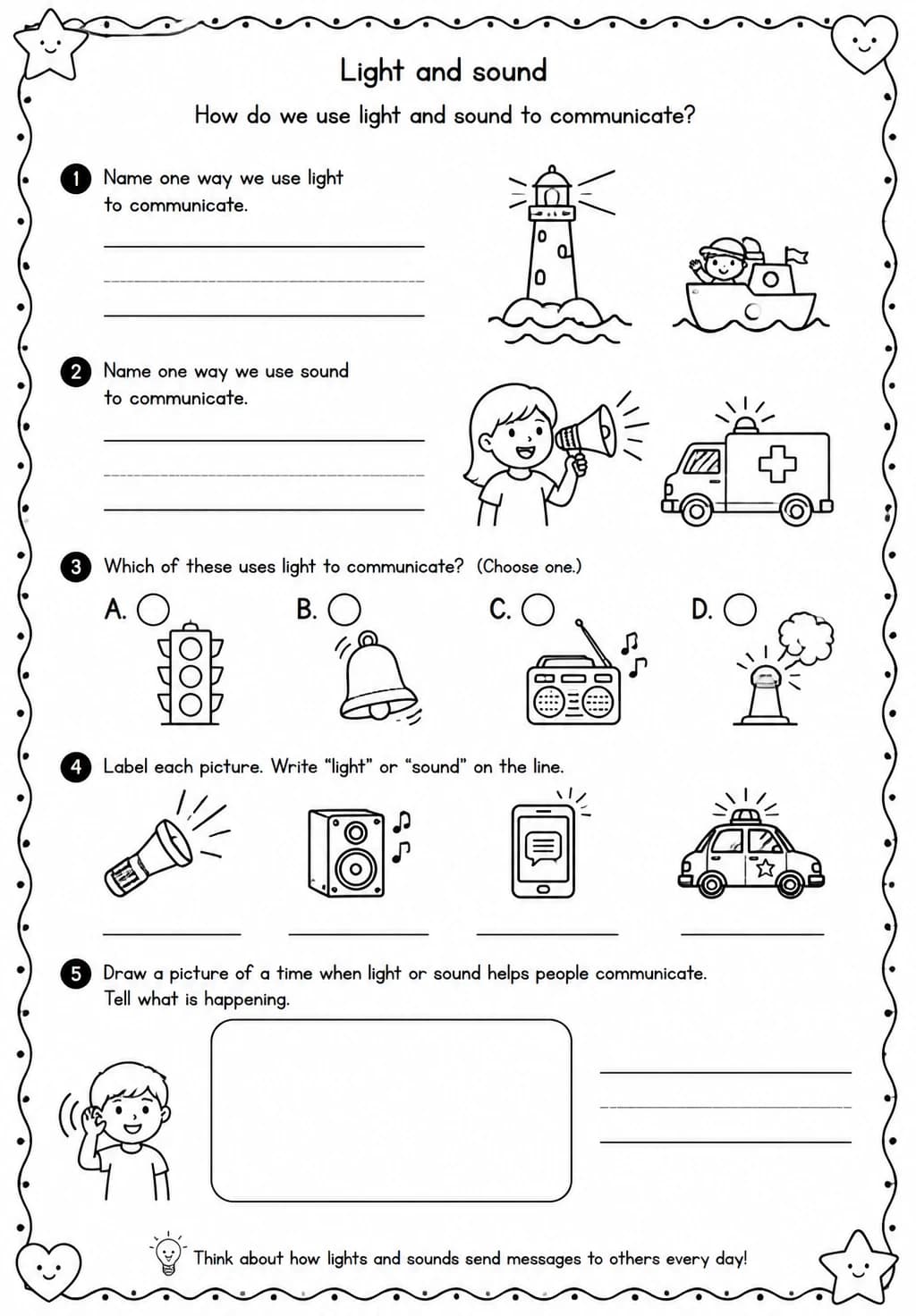 How do we use light and sound to communicate? — free printable Kindergarten Science worksheet