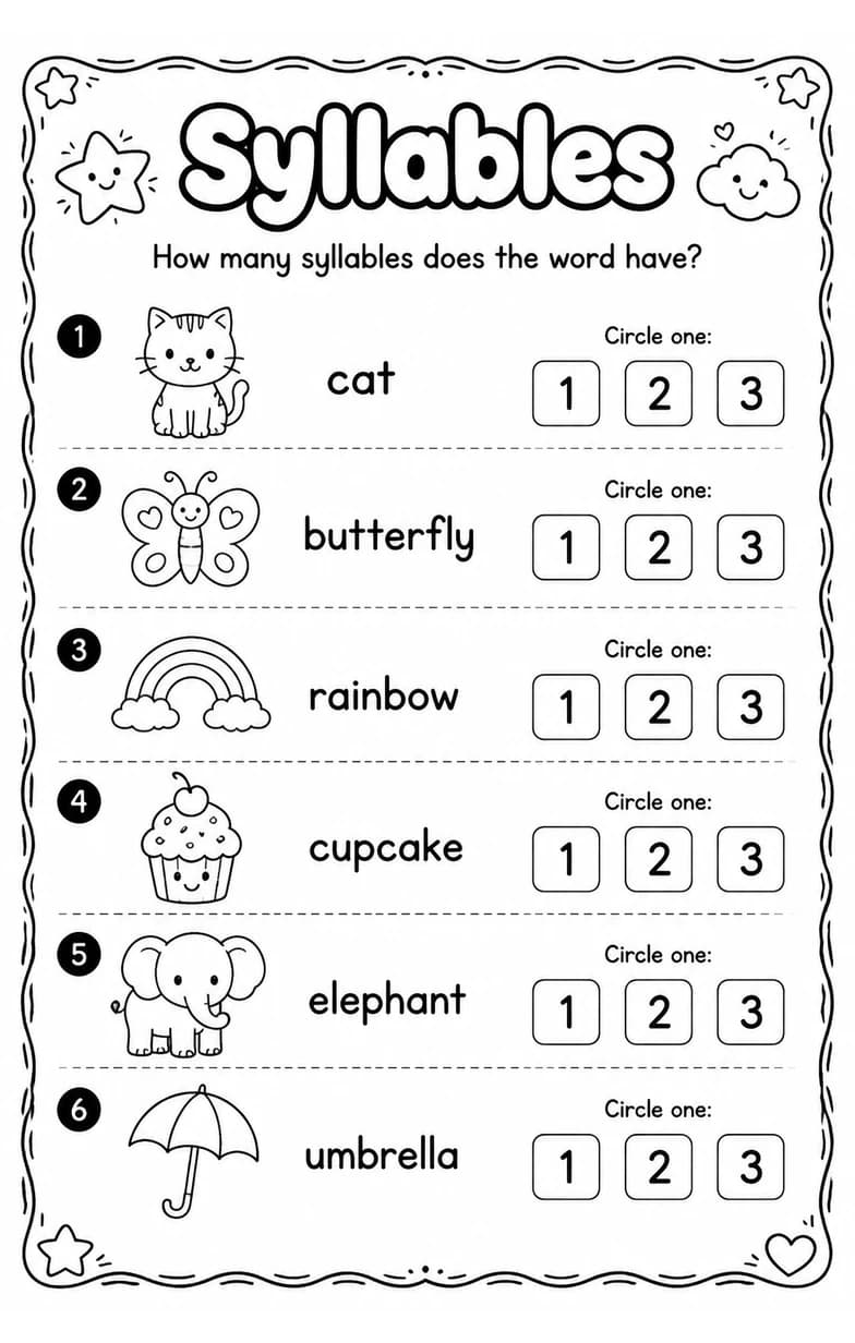 How many syllables does the word have? — free printable Grade 1 English & Reading worksheet